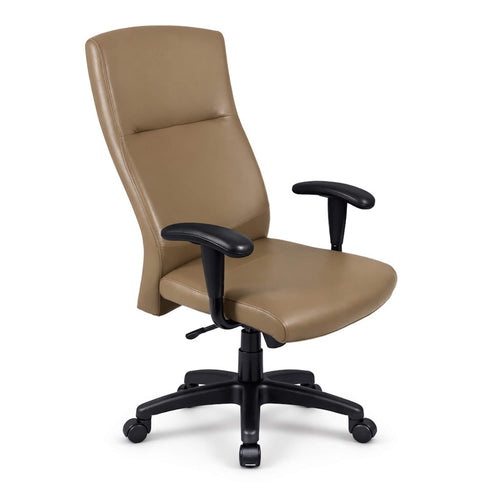 beige office chair with black wheels and armrests on a white background