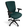Green office chair with black back on a white background