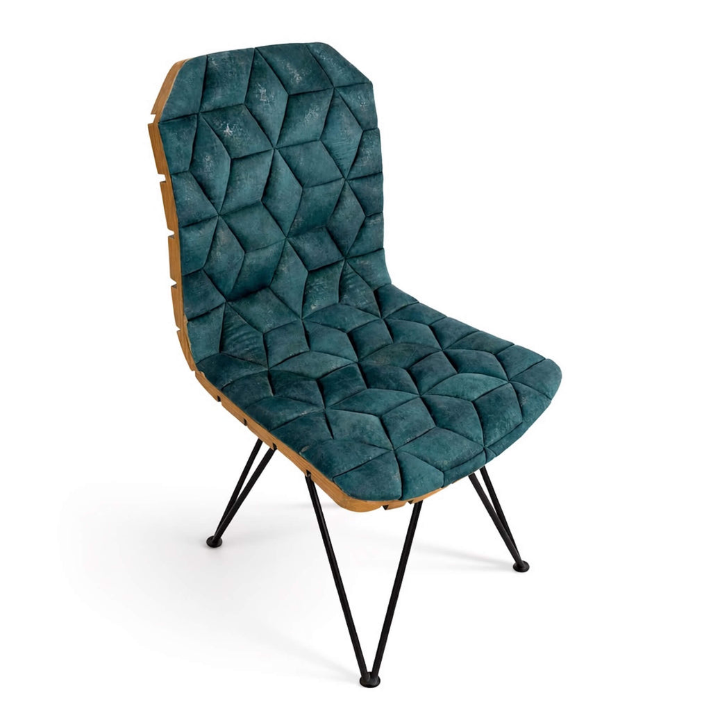 Modern chair with teal diamond-patterned backrest on a white background
