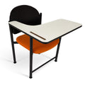 Learning Chair with black backrest and orange seat with a writing desk on a white background