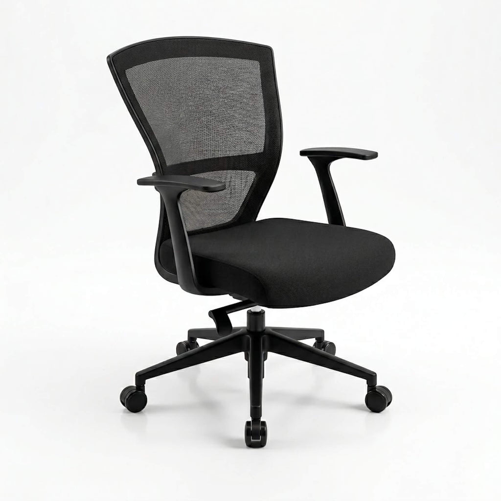 Black office chair with mesh back on a white background