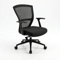Black office chair with mesh back on a white background