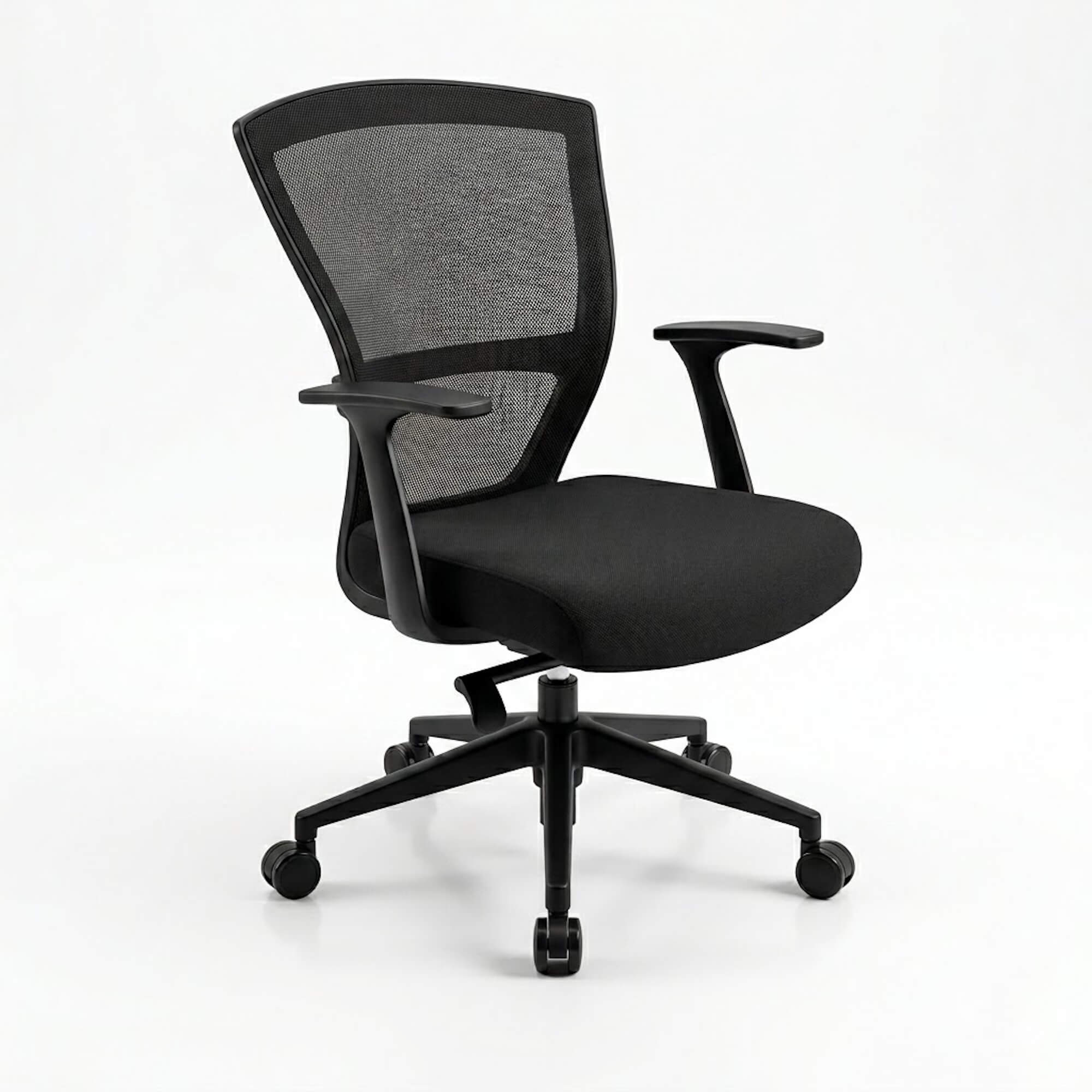 Black office chair with mesh back on a white background